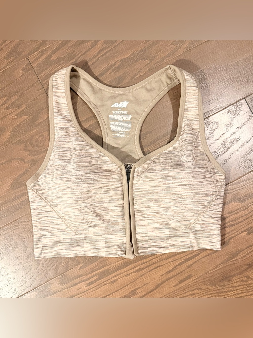 AVIA Front Zip Sports Bra XXL Beige Heather Racerback Medium Support Activewear